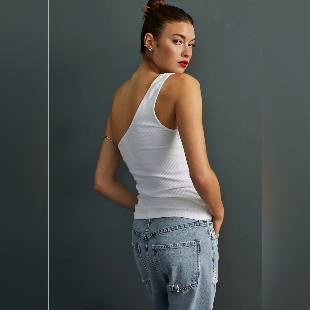 Anthropologie Pilcro New White Ribbed One Shoulder Tank Top Size Large Neutral - Picture 6 of 15